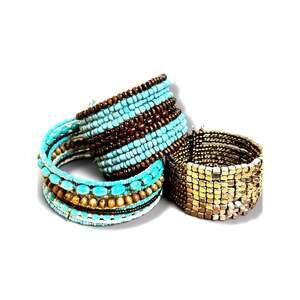 Lot of 3 Boho Beaded Cuff Bracelets Memory Wire Blue Brown Gold Tones